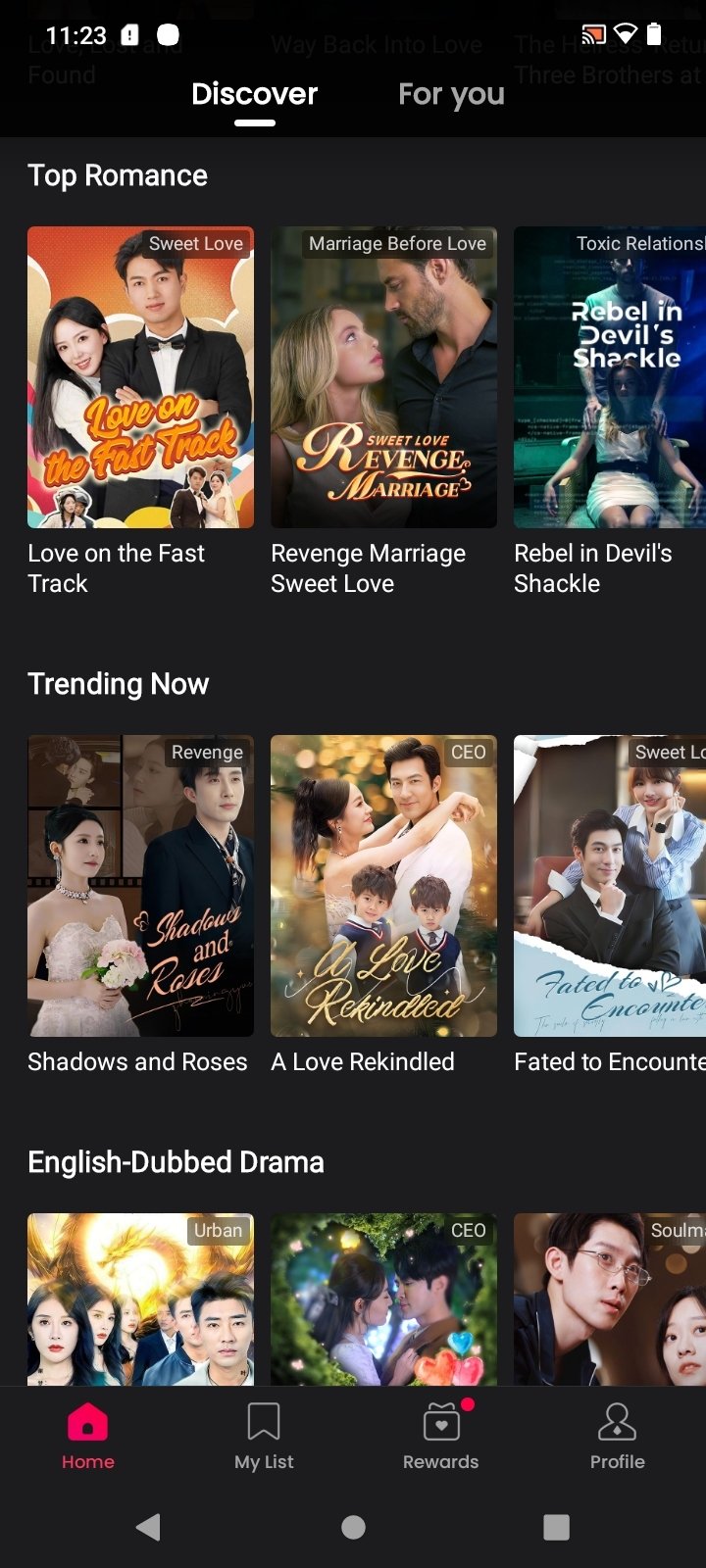 Discover 页题材货架：Top Romance、Trending Now 与英语配音剧专区