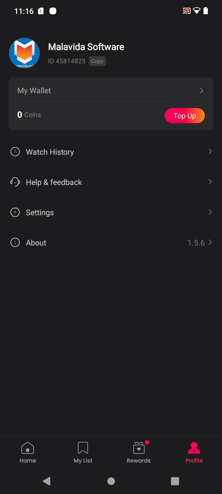 Profile 个人页：My Wallet 金币钱包、Watch History、Settings 等入口