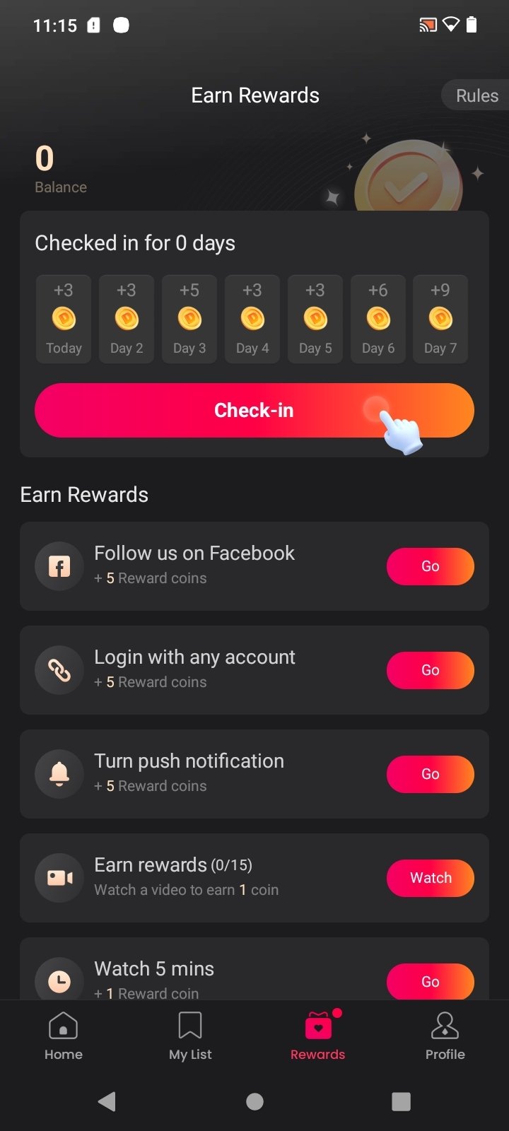 Rewards 页：七天连签日历与任务列表，右上角有 Rules 规则入口