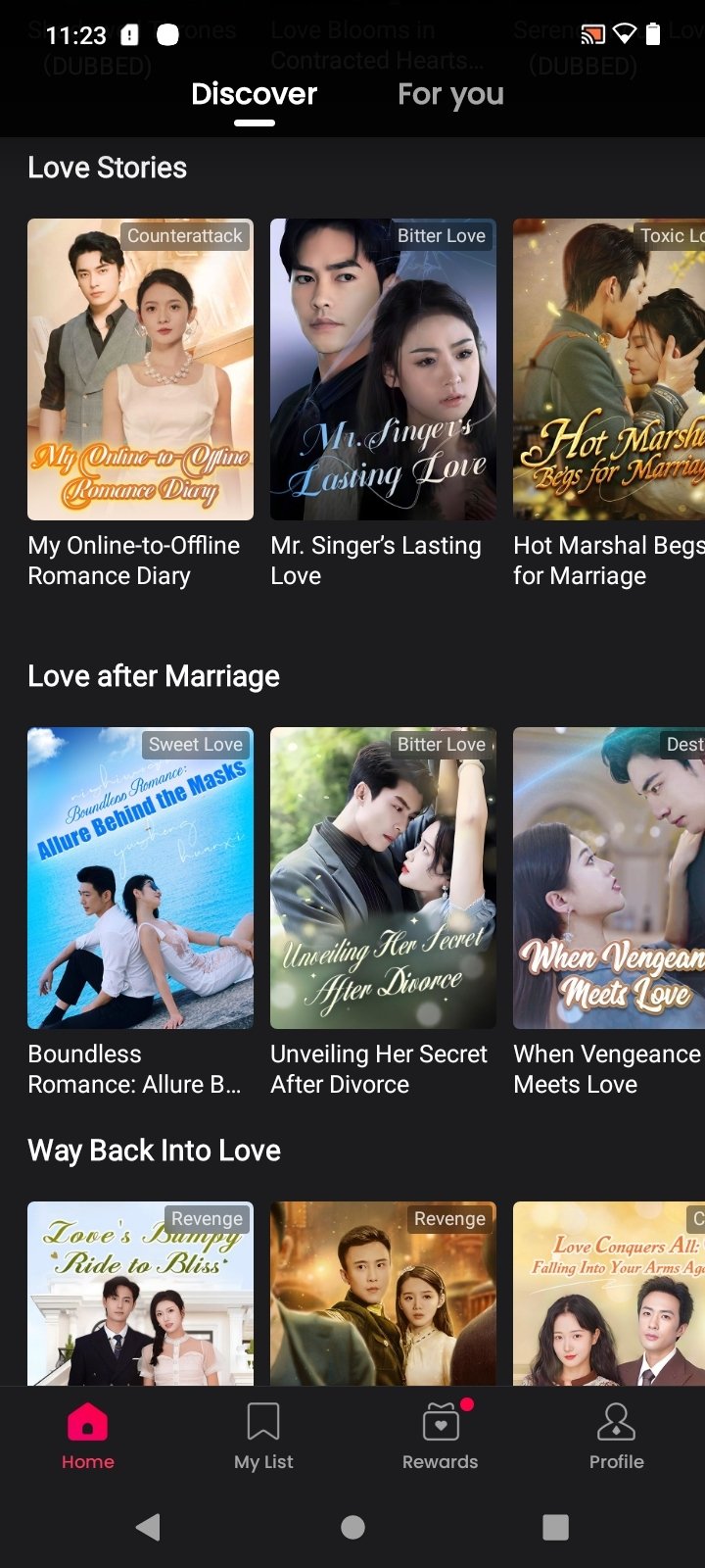 婚恋专题货架：Love Stories、Love after Marriage、Way Back Into Love 三连板块